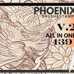 May include: A digital illustration of a phoenix with intricate details, surrounded by floral elements. The image is on a tablet screen with a stylus nearby. The text "PHOENIX BRUSH & STAMP V.2 ALL IN ONE 139" is displayed on the screen.