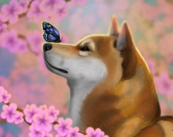 Shiba Inu Butterfly Unique Japanese Cherry Blossom Fine Art Print 8x10