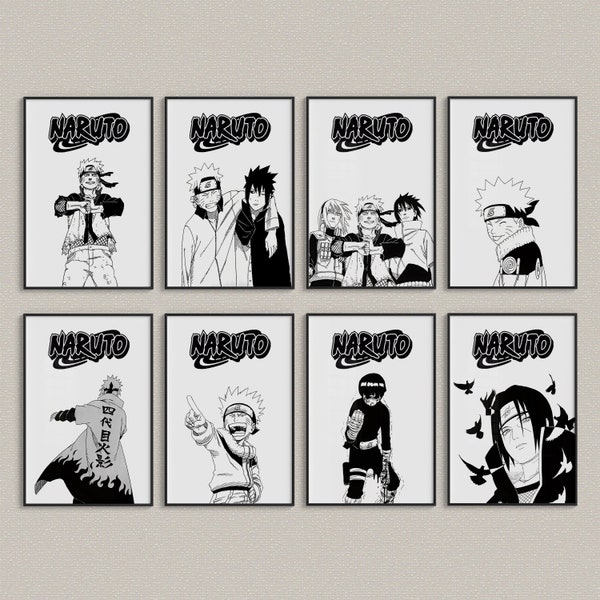 Set of 8 Popular Anime Characters Posters, Anime Ninja Poster, Poster Digital Black and White, Anime Poster Anime Art Print, Naturo Poster