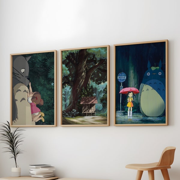 My Neighbor Totoro Poster 3 Pack, Totoro Anime Art Anime Wall Print Painting, My Neighbor Totoro Wall Art Bundle, Studio Ghibli Posters Pack