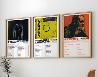 Confezione da 3 poster di Post Malone, copertina artistica di album di Post Malone, pittura, stampa murale, set di 3 poster di Post Malone, Stoney, Hollywood's Bleeding