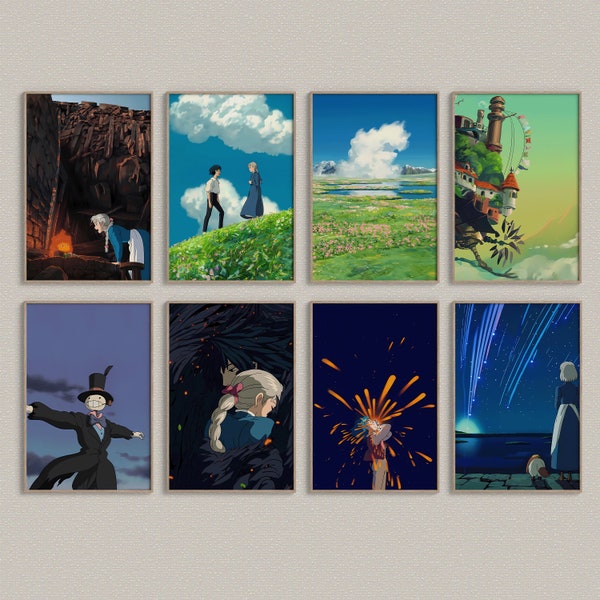 Howl's Moving Castle Poster 8 Pack, Howl's Moving Castle Anime Art Anime Wall Print Painting, Studio Ghibli Posters 8 Pack, Studio Ghibli