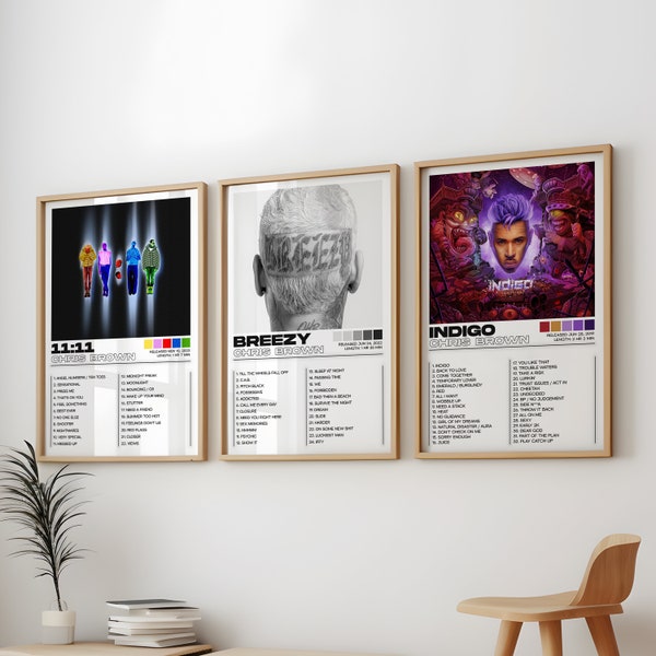 Chris Brown Posters 3 Pack, Chris Brown Albums Art Cover Wall Print Painting, Chris Brown Set of 3 Posters, 11:11, Breezy, Indigo Album Art