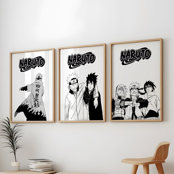 Set of 3 Popular Anime Characters Posters, Anime Ninja Poster, Poster Digital Black and White, 3 Anime Poster Anime Art Print, Naturo Poster