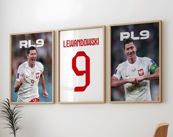 Lewandowski Posters 3 Pack, Lewandowski Polen Art Soccer Wall Print Schilderij, Lewandowski Set van 3 Poster, Lewandowski Polen Poster