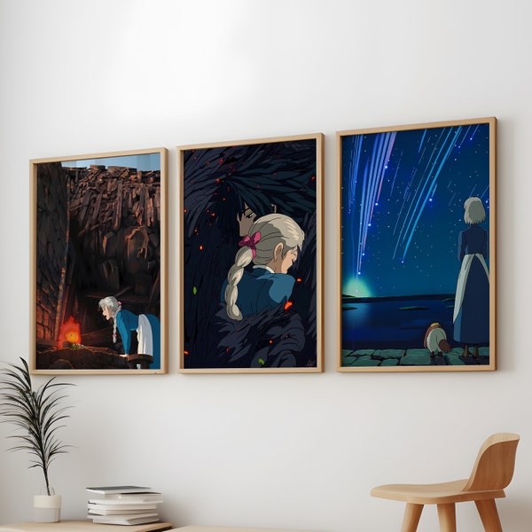 Howl's Moving Castle Poster 3 Pack, Howl's Moving Castle Anime Art Anime Wall Print Painting, Studio Ghibli Posters 3 Pack, Studio Ghibli