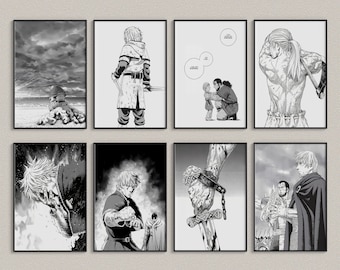 Lot de 8 affiches de la saga Vinland, ensemble de pièces de la saga Vinland, impression d'art anime peinture minimaliste, affiche de Thorfinn, lot de 8 affiches de la saga Vinland