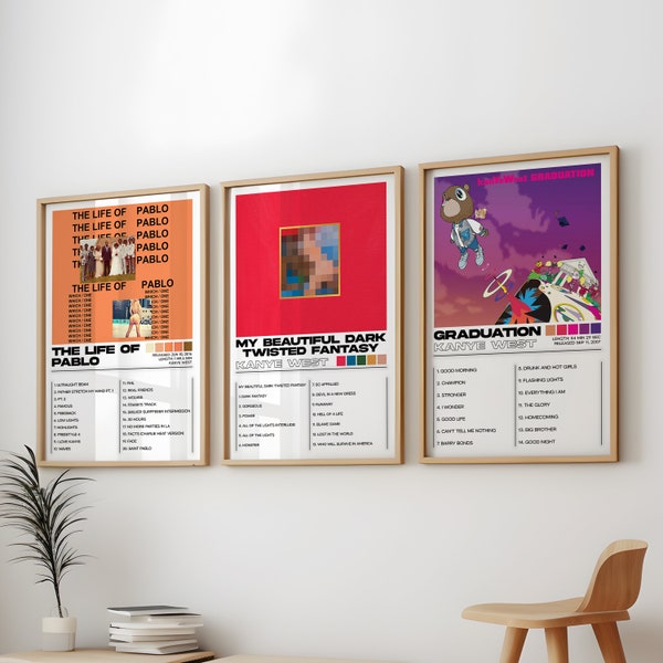 Kanye West Posters 3 Pack, Kanye West Album Art Cover Wall Print Painting, Kanye West Set of 3 Posters, Graduation, The Life Of Pablo Album