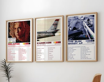 Eminem Posters 3 Pack, Eminem Album Art Cover Wall Print Painting, Eminem Set of 3 Posters, The Slim Shady LP Album, Kamikaze Album, Relapse