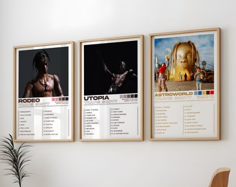 Travis Scott Posters 3 Pack, Travis Scott Album Art Cover Pintura de impresión de pared, Travis Scott Set de 3 carteles, Utopía, Astroworld, Rodeo