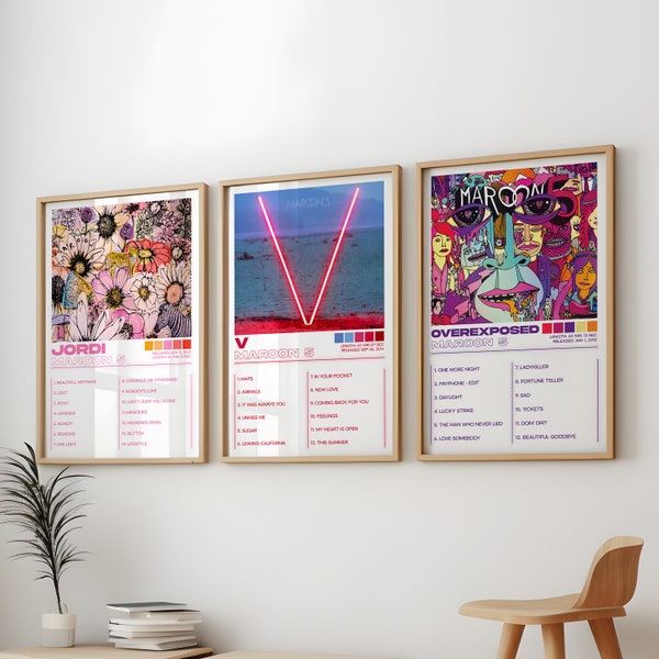 Maroon 5 Posters 3 Pack, Maroon 5 Albums Art Cover Wall Print Painting, Maroon 5 Set de 3 carteles, Álbum V, Álbum sobreexpuesto, Álbum Jordi