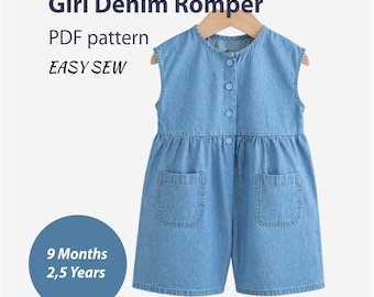 Denim Baby Romper Sewing Pattern, Toddler Sleeveless Jumpsuit PDF (9-36 Months)
