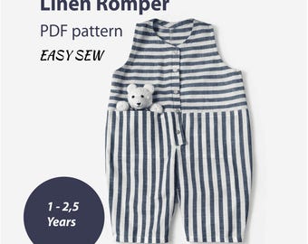 Pattern Linen Romper Sewing  | Easy Kids Jumpsuit, Summer Outfit Digital  1-2,5 years | PDF