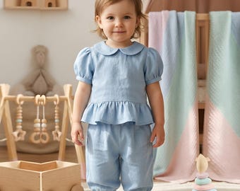 Baby Girl Linen Outfit Sewing Pattern – Ruffle Top, Elastic Pants (PDF Pattern)