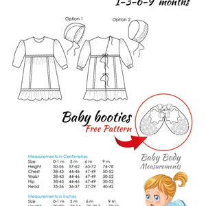 Könnte beinhalten: Ein Schwarzweiß-Zeichenmuster für ein Taufkleid mit zwei verschiedenen Stilen. Das Muster enthält Maße in Zoll und Zentimetern für die Größen 0-1 Monate, 3 Monate, 6 Monate und 9 Monate. Das Muster enthält auch ein Schwarzweiß-Zeichenmuster für Babyschuhe.