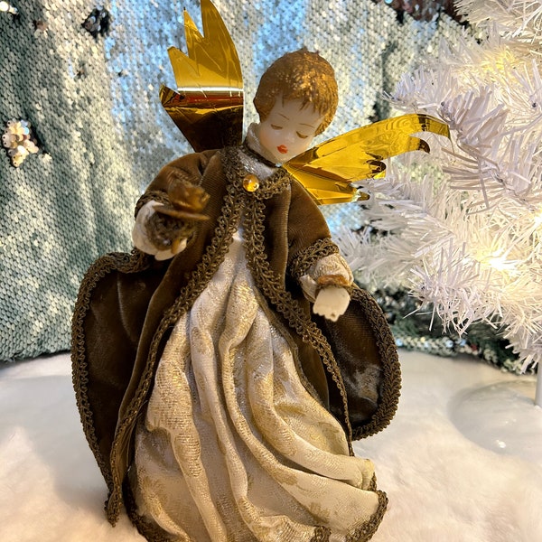 Koestel Wax Angel Gold Foil Wings Holding Xmas Tree Topper Germany 1950s Vintage