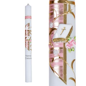 Communion candle for girls pink gold hand-decorated 35/400 mm set including matching stand and drip guard 13RZ with your own name