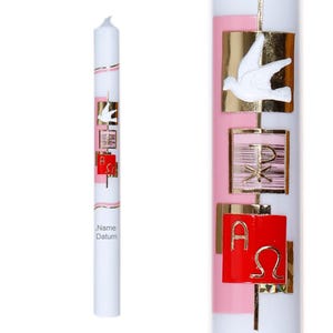 Communion candle or baptism candle for girls pink red gold hand-decorated 35/400 mm set including matching stand and drip protection 104RZ