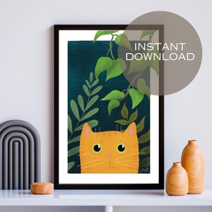 Cute ginger cat with green plants, printable art work, cat lover, plant lover, wall decoration, illustration art, digital art, boho