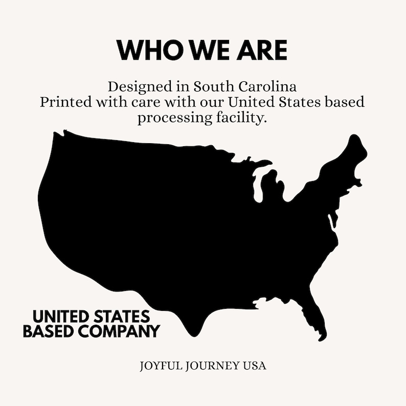 May include: A black silhouette of the United States map is centered on a cream-colored background. The text "WHO WE ARE" is at the top, with additional text below stating the company's design and printing location. The words "UNITED STATES BASED COMPANY" are at the bottom.