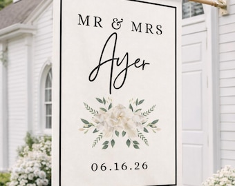 Elegantes Hochzeitsschild Flagge Personalisierte Elegante Creme und Schwarzer Empfang Garten Flagge Willkommensschild Tischdekor Outdoor Garten Benutzerdefinierte Brautpaar