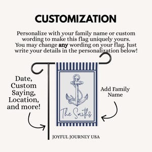 May include: A navy blue and white garden flag with an anchor design and the text "The Smiths." The flag is displayed on a black metal stand. The image includes the text "Customization" and "Joyful Journey USA."