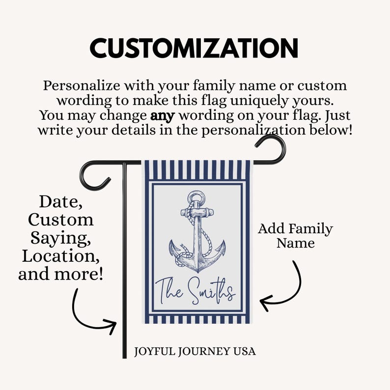 May include: A navy blue and white garden flag with an anchor design and the text "The Smiths." The flag is displayed on a black metal stand. The image includes the text "Customization" and "Joyful Journey USA."
