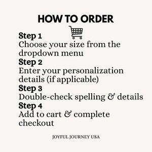May include: Image with instructions on how to order. The steps include choosing a size, entering personalization details, double-checking spelling, and adding to cart. A shopping cart icon is present. The text is in black on a cream background.