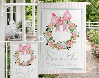 Spring Pink and Teal Garden Flag Custom Family Name Address Gift for New Home Owner Country Flower Bow Garden Flag Home Decor Mothers Day