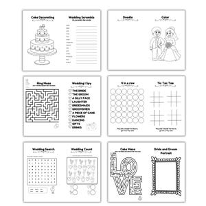 K&ouml;nnte beinhalten: Ein druckbares Hochzeits-Aktivit&auml;tsheft mit Schwarzwei&szlig;illustrationen. Das Heft enth&auml;lt Aktivit&auml;ten wie eine Seite zum Dekorieren von Kuchen, ein Hochzeits-Wortspiel, eine Kritzel-Seite, eine Mal-Seite, ein Ring-Labyrinth, ein Hochzeits-Ich-sehe-Spiel, ein 4-in-einer-Reihe-Spiel, ein Tic-Tac-Toe-Spiel, eine Hochzeits-Wortsuche, eine Hochzeits-Z&auml;hl-Seite, ein Kuchen-Labyrinth und ein Brautpaar-Portr&auml;t.