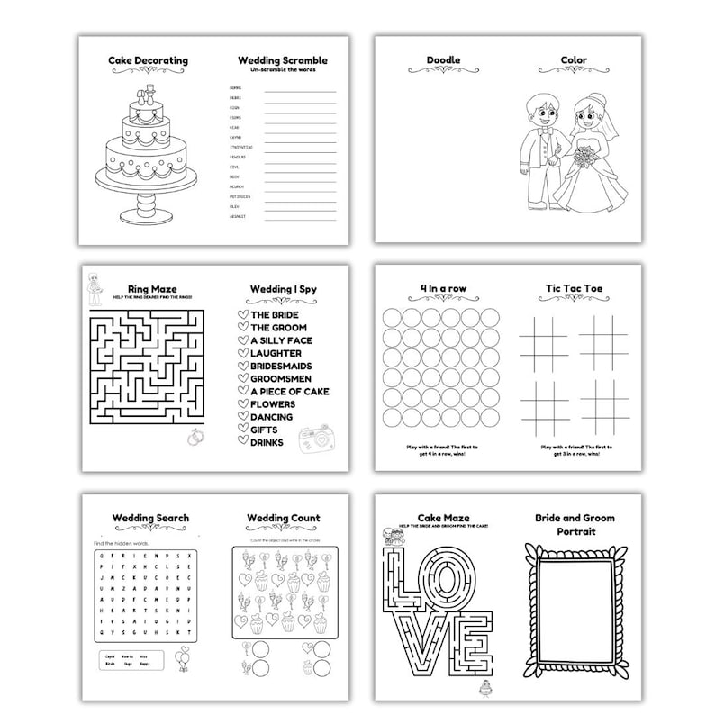 K&ouml;nnte beinhalten: Ein druckbares Hochzeits-Aktivit&auml;tsheft mit Schwarzwei&szlig;illustrationen. Das Heft enth&auml;lt Aktivit&auml;ten wie eine Seite zum Dekorieren von Kuchen, ein Hochzeits-Wortspiel, eine Kritzel-Seite, eine Mal-Seite, ein Ring-Labyrinth, ein Hochzeits-Ich-sehe-Spiel, ein 4-in-einer-Reihe-Spiel, ein Tic-Tac-Toe-Spiel, eine Hochzeits-Wortsuche, eine Hochzeits-Z&auml;hl-Seite, ein Kuchen-Labyrinth und ein Brautpaar-Portr&auml;t.