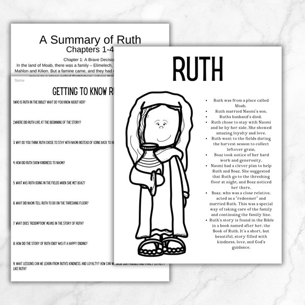 Bible Study for Kids Ruth Story Worksheet Summary of Ruth The Women of the Bible Series Elementary Church Sunday School Workbook Prompt