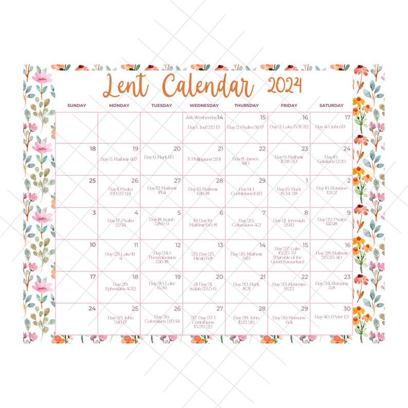 2024 Scripture Reading Lent Calendar Women Plan 40 Day Printable Lenten