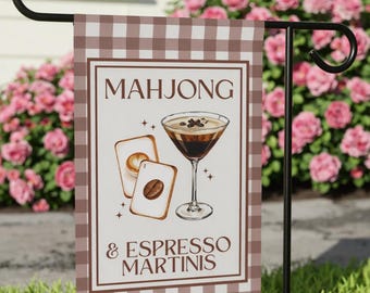 Letrero de bienvenida para el jardín con martinis de mahjong y espresso para niñas, decoración para la noche de juegos de mahjong, bandera monocromática marrón para jardín en beige