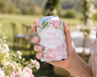 Spring Floral Wedding Can Cooler, Garden Wedding Drink Sleeve, Personalized Outdoor Wedding Favor, Pink Rose Bridal Reception Decor