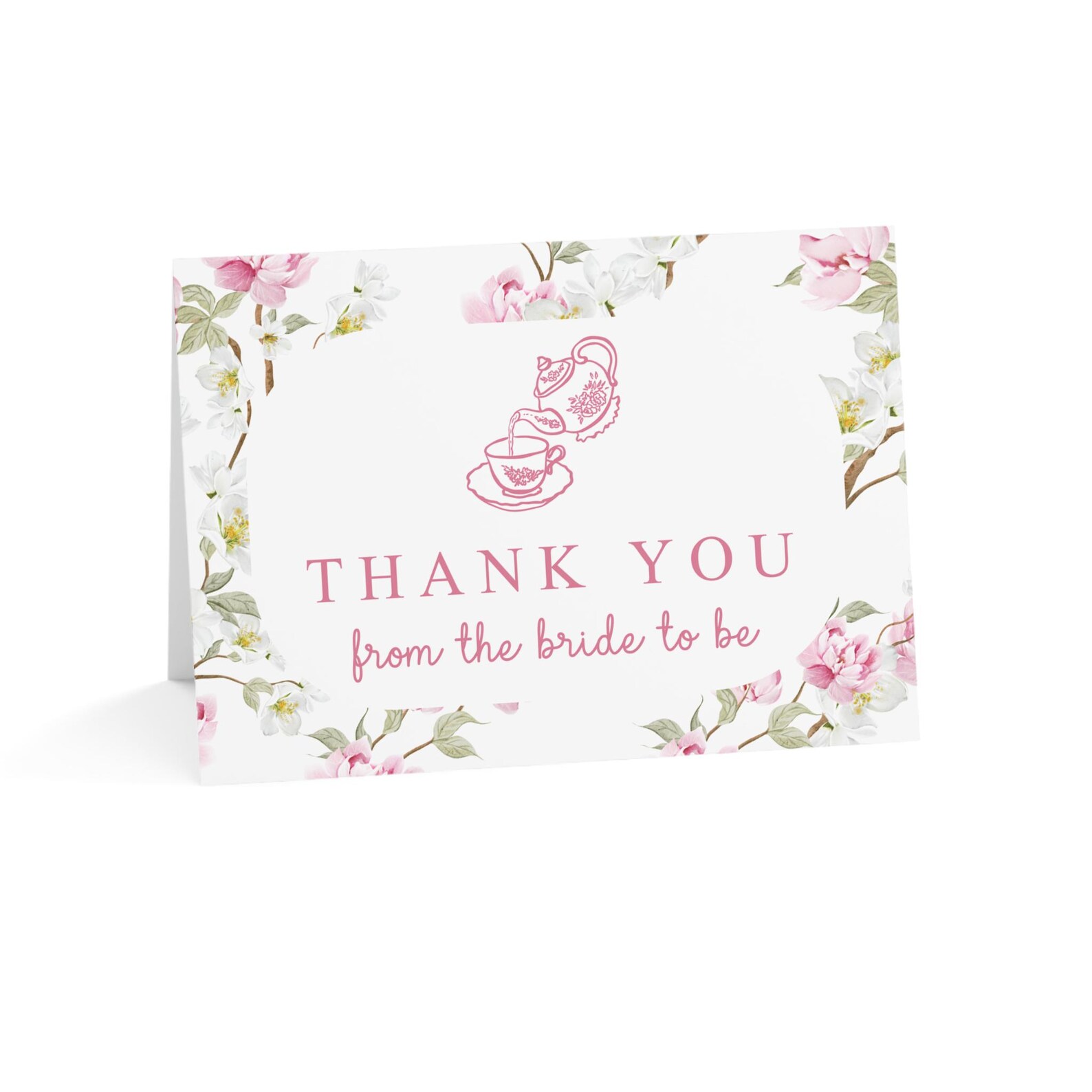 Tea Party Bridal Shower Thank You Card Floral Pink Tea Set Bride to Be ...