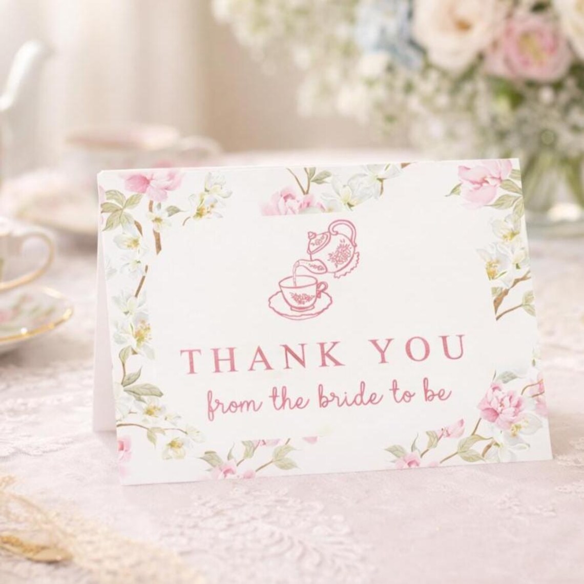 Tea Party Bridal Shower Thank You Card Floral Pink Tea Set Bride to Be ...