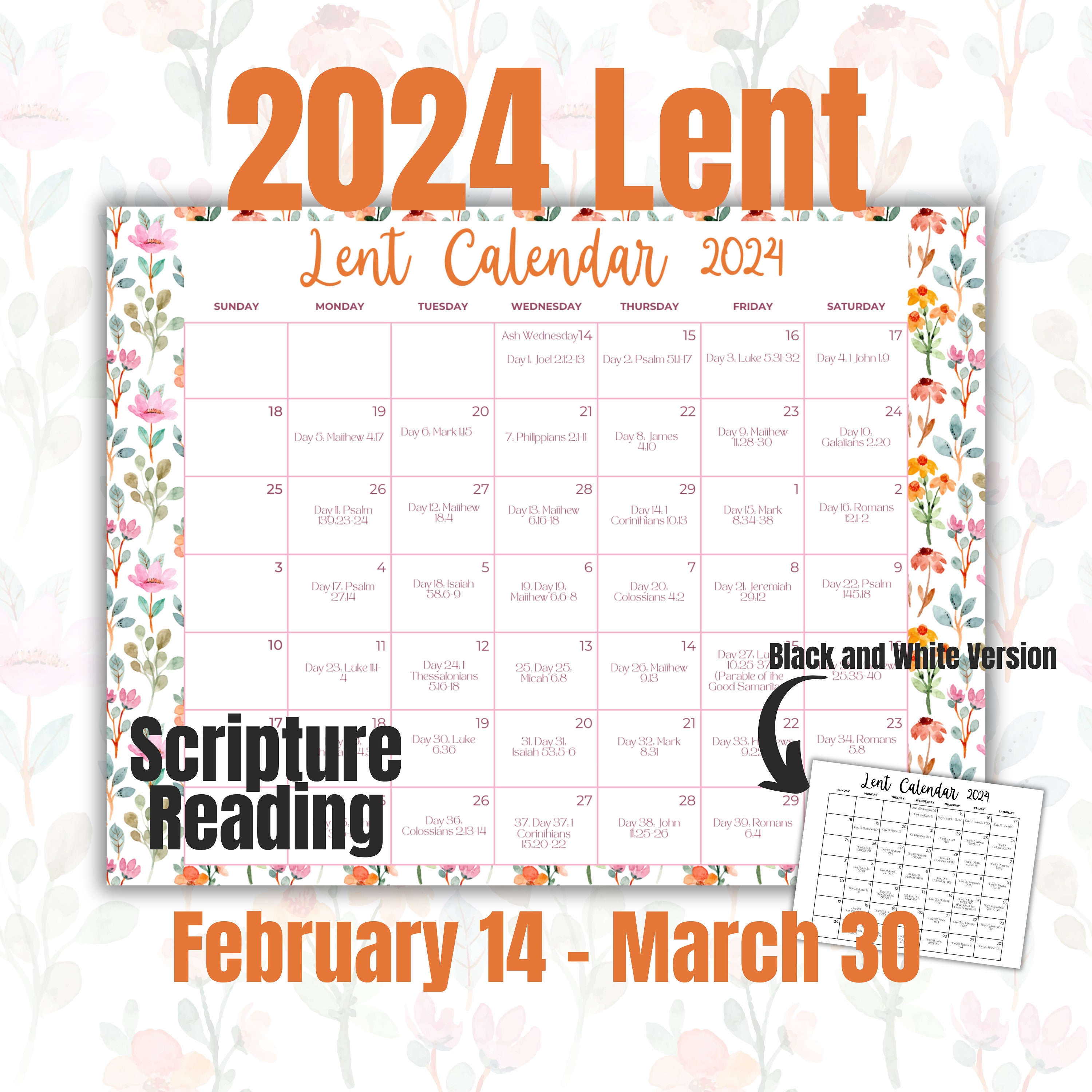 2024 Scripture Reading Lent Calendar Women Plan 40 Day Printable Lenten