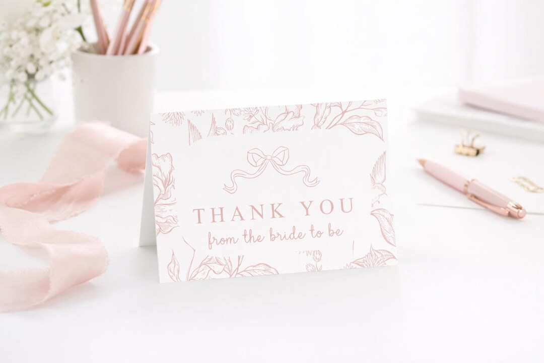 Blush Botanical Thank You Card for Bridal Shower Elegant Bride to Be ...