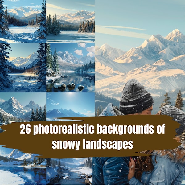 26 Photorealistic Backgrounds of Snowy Landscapes, Snowy Mountain, Digital Backdrop Collection, Photoshop, Summer, PNG files