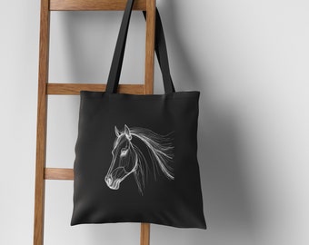 Animal Tote Bag, Black Tote Bag Gift for Animal Lover, Minimalistic Design Everyday Use Casual Travel Shopping Bag, Horse Black Friday Bag
