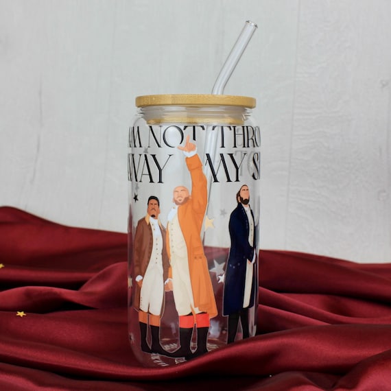 Hamilton The Musical Glass Cup Can with Bamboo Lid and Glass Straw