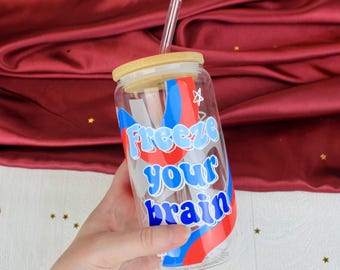 Heathers The Musical Freeze Your Brain Glass Cup Can with Bamboo Lid and Glass Straw
