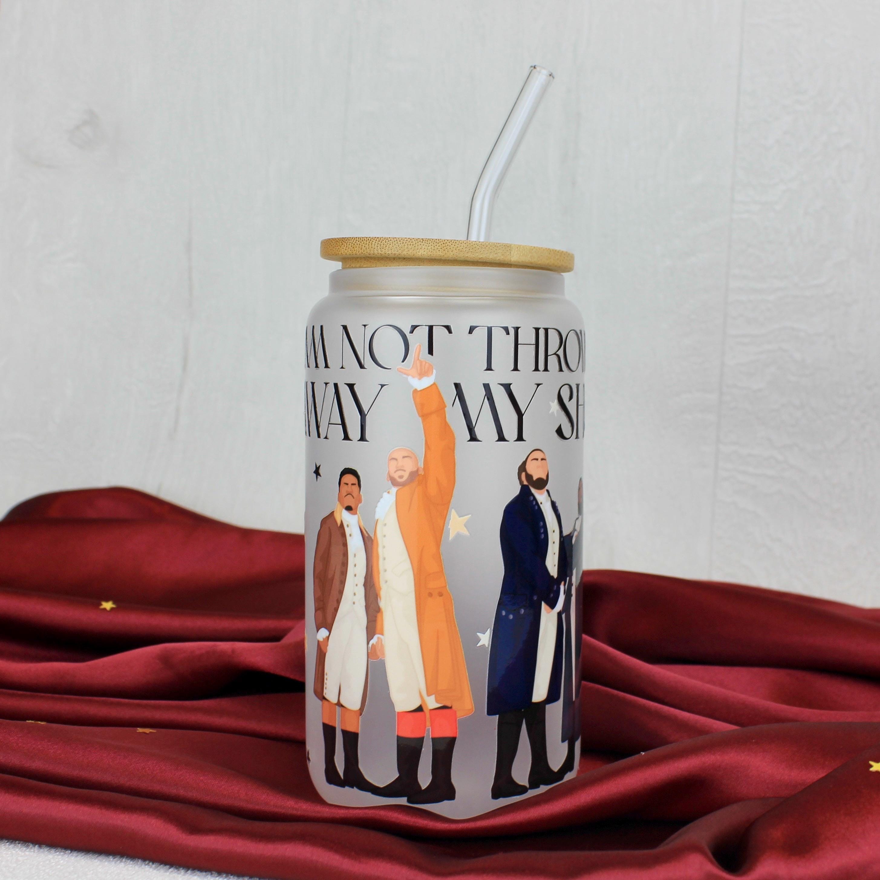 Hamilton the Musical Glass Cup Can With Bamboo Lid and Glass Straw 