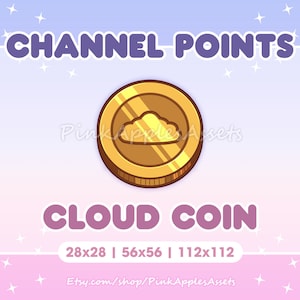 Puede incluir: Moneda de oro con un icono de nube blanca y el texto "CLOUD COIN" en morado. La moneda está disponible en tres tamaños: 28x28, 56x56 y 112x112 píxeles.
