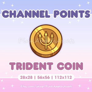 Puede incluir: Moneda de oro con un símbolo de tridente en el centro. La moneda está etiquetada como "Trident Coin" y tiene el texto "CHANNEL POINTS" en la parte superior y "28x28 | 56x56 | 112x112" en la parte inferior.