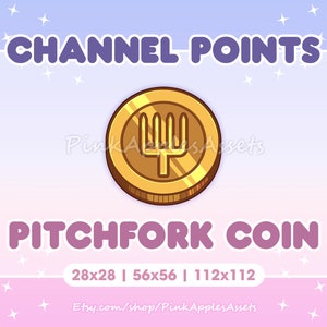 Könnte beinhalten: Goldmünze mit einem Heugabel-Symbol, beschriftet mit "Pitchfork Coin". Die Münze ist in drei Größen erhältlich: 28x28, 56x56 und 112x112 Pixel. Der Text "Channel Points" befindet sich oben im Bild.