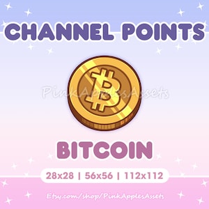 Pode incluir: Moeda de Bitcoin dourada com um "B" estilizado no centro. A moeda está sobre um fundo rosa e azul com o texto "CHANNEL POINTS" e "BITCOIN" em letras grandes e em negrito. O texto "28x28 | 56x56 | 112x112" está abaixo da moeda.