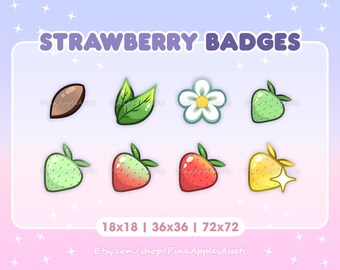 May include: Set of eight digital badges featuring strawberry-themed illustrations in various colors, including green, red, yellow, and white. The badges are in different sizes: 18x18, 36x36, and 72x72 pixels. The text "STRAWBERRY BADGES" is at the top of the image.