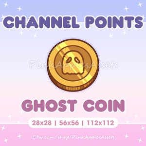 Op de afbeelding: Gouden munt met een spookontwerp. De munt is gelabeld "Ghost Coin" en heeft de tekst "CHANNEL POINTS" erboven. De munt is verkrijgbaar in drie maten: 28x28, 56x56 en 112x112.